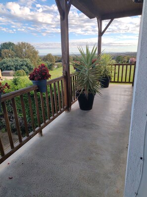 A covered balcony with a wooden railing, potted plants, and a view of a green landscape.