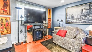 A living room with a television, zebra-patterned sofa, artwork on the walls, and a red cushion. - Buck Street - Houston (Houston)