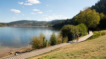 A wooden boardwalk leading to a lake with a clear view of a distant town and hills.