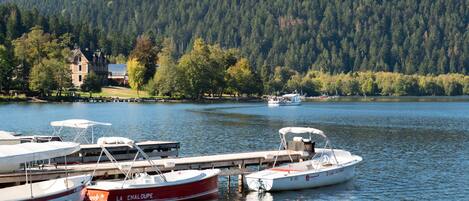 A lakeside dock with several boats, a wooden pier, and a forested hill in the background.