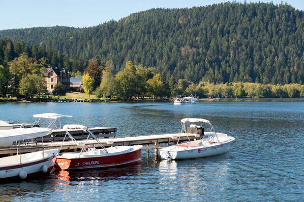 A lakeside dock with several boats, a wooden pier, and a forested hill in the background.