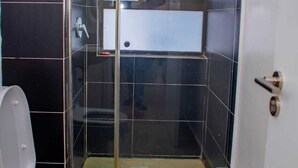 Ein Badezimmer mit Toilette, einer gläsernen Duschkabine und gefliesten Wänden.