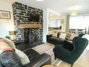 Ein Wohnzimmer mit Kamin aus Stein, schwarzen Ledersofas und einem grünen Sessel.