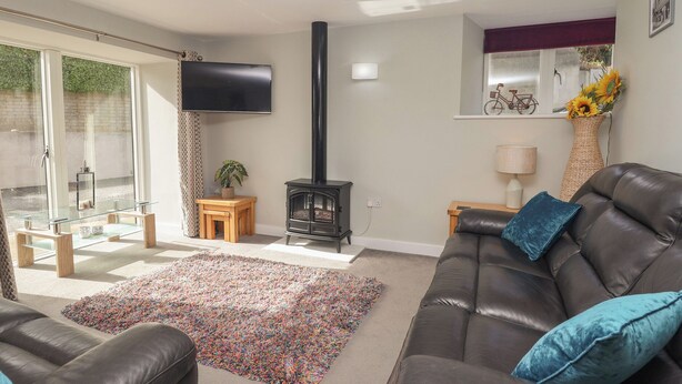 Een woonkamer met een bank, een televisie, een open haard en een raam met uitzicht.