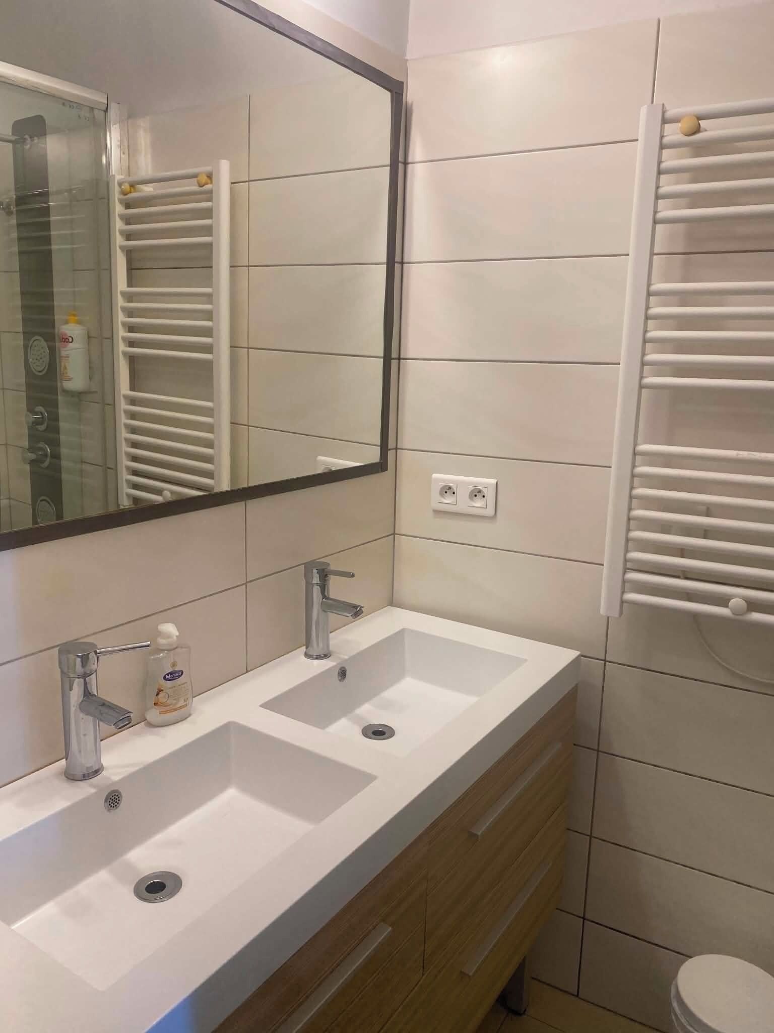 Ein Badezimmer mit einem Waschbecken, einem Spiegel, einem Handtuchhalter und einer Toilette.