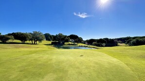 Ein Golfplatz mit Teich, Bäumen und blauem Himmel.