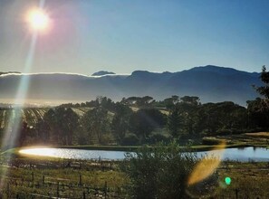 A landscape with a body of water, trees, and distant mountains under a clear sky. - mon Reve Estate (Paarl)