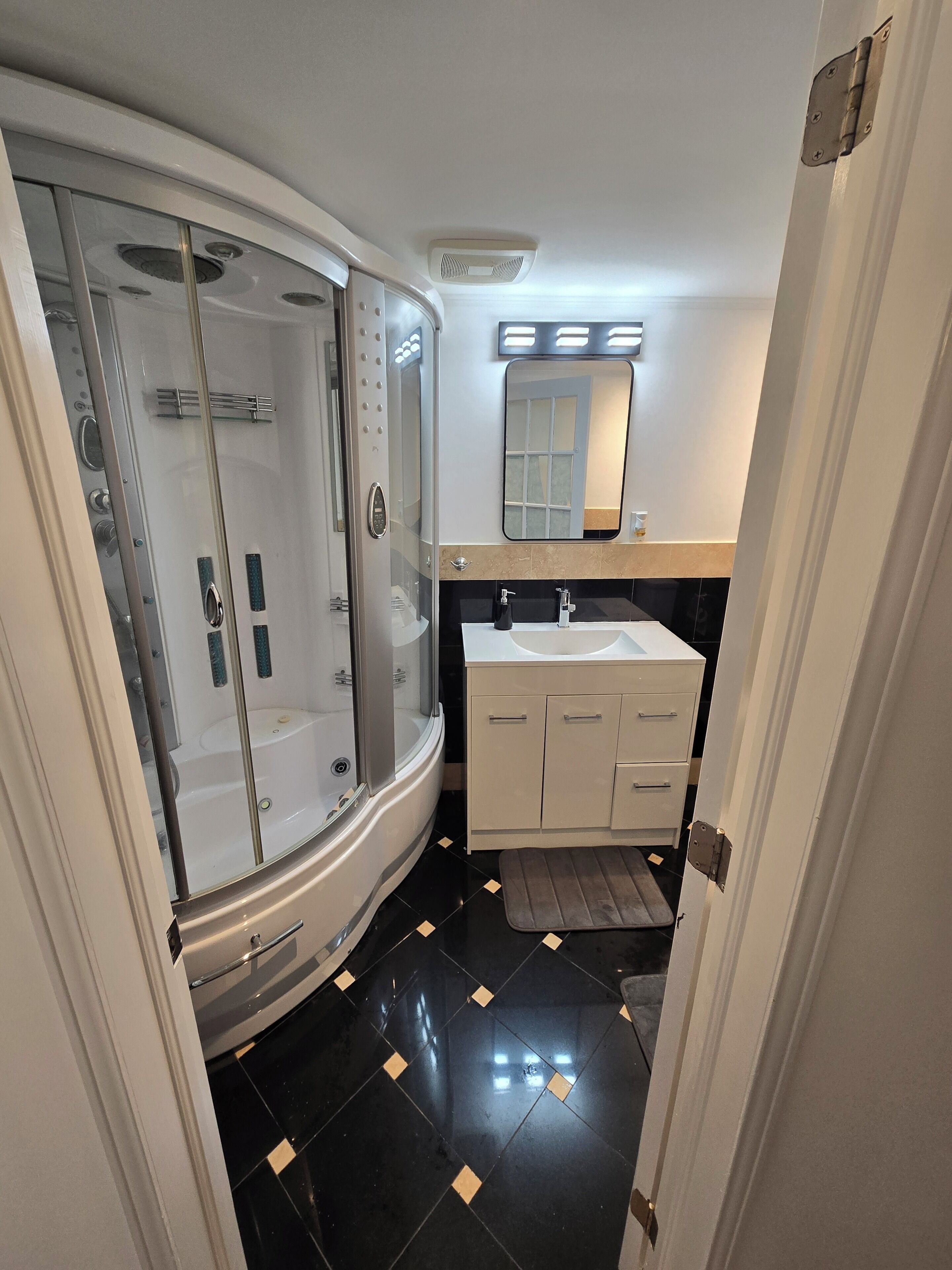 Hair dryer, towels, soap, toilet paper