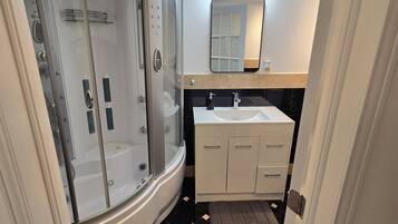 Hair dryer, towels, soap, toilet paper