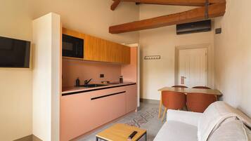 A compact living space with a kitchenette, a dining area, and a seating area with a sofa and chairs.