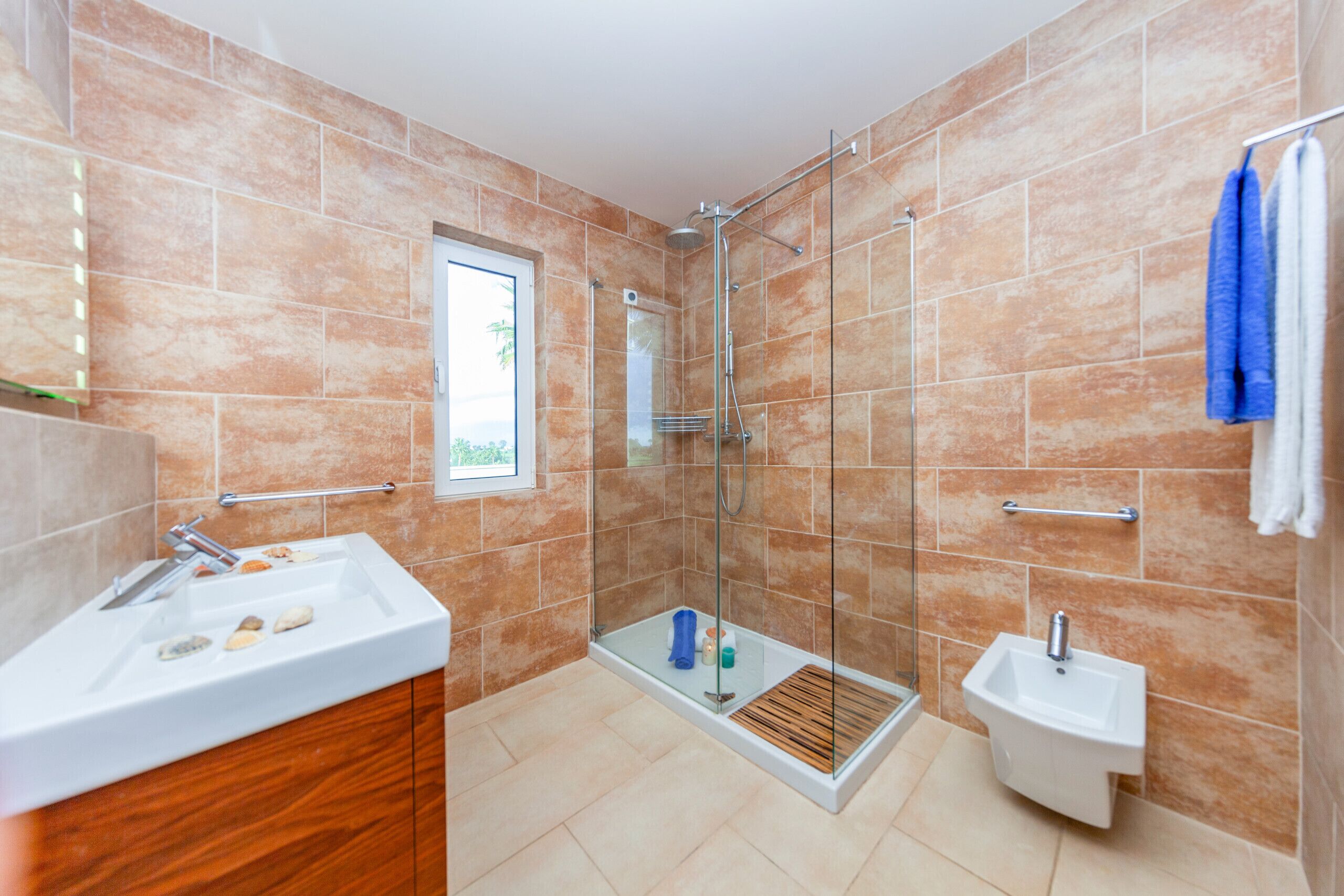 A modern bathroom with a glass shower enclosure, a sink, and a bidet.