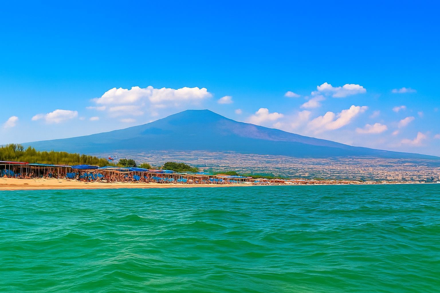 Une plage avec une montagne en arrière-plan, un ciel dégagé et une mer calme.