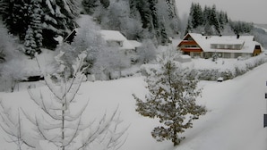 Ett snötäckt landskap med ett hus omgivet av träd.