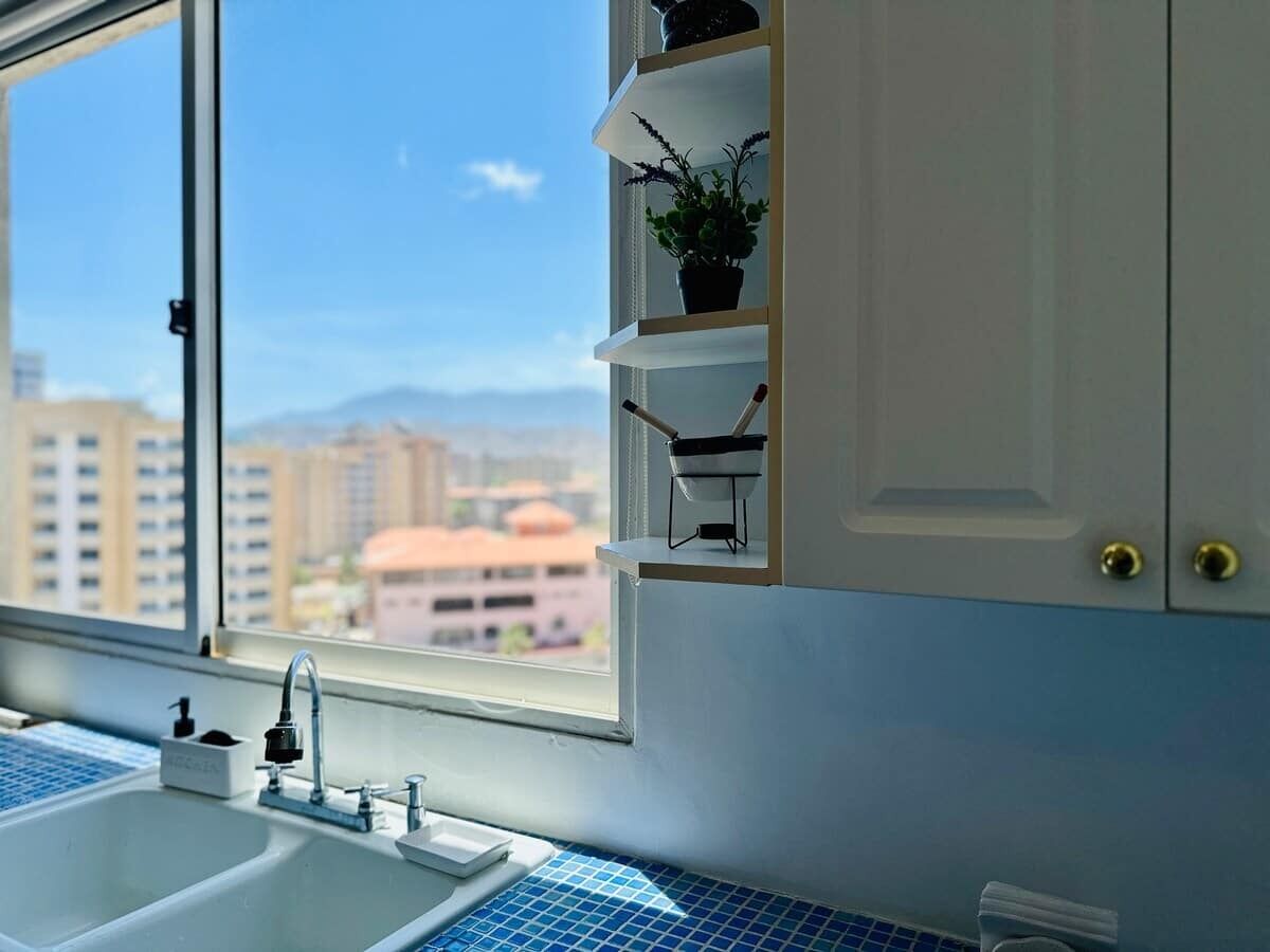 Una cocina con ventana, un lavabo y una repisa con una planta.