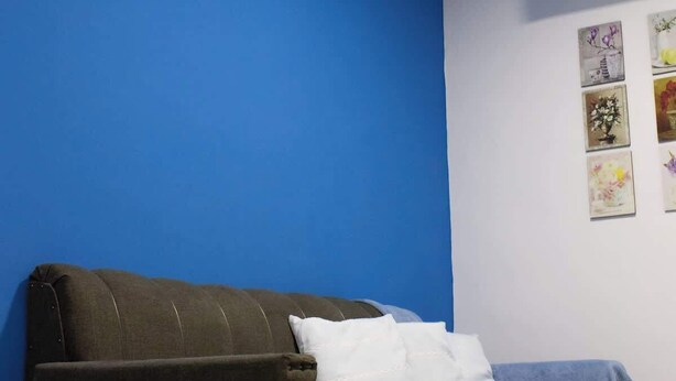Een kamer met een donkerbruine bank, een wit kussen en een blauwe plaid.