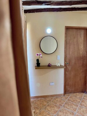 Una habitación con puerta de madera, espejo en la pared, estante con planta en maceta y piso de baldosas.