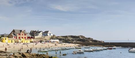 A coastal town with buildings along the shore, clear water, and boats.