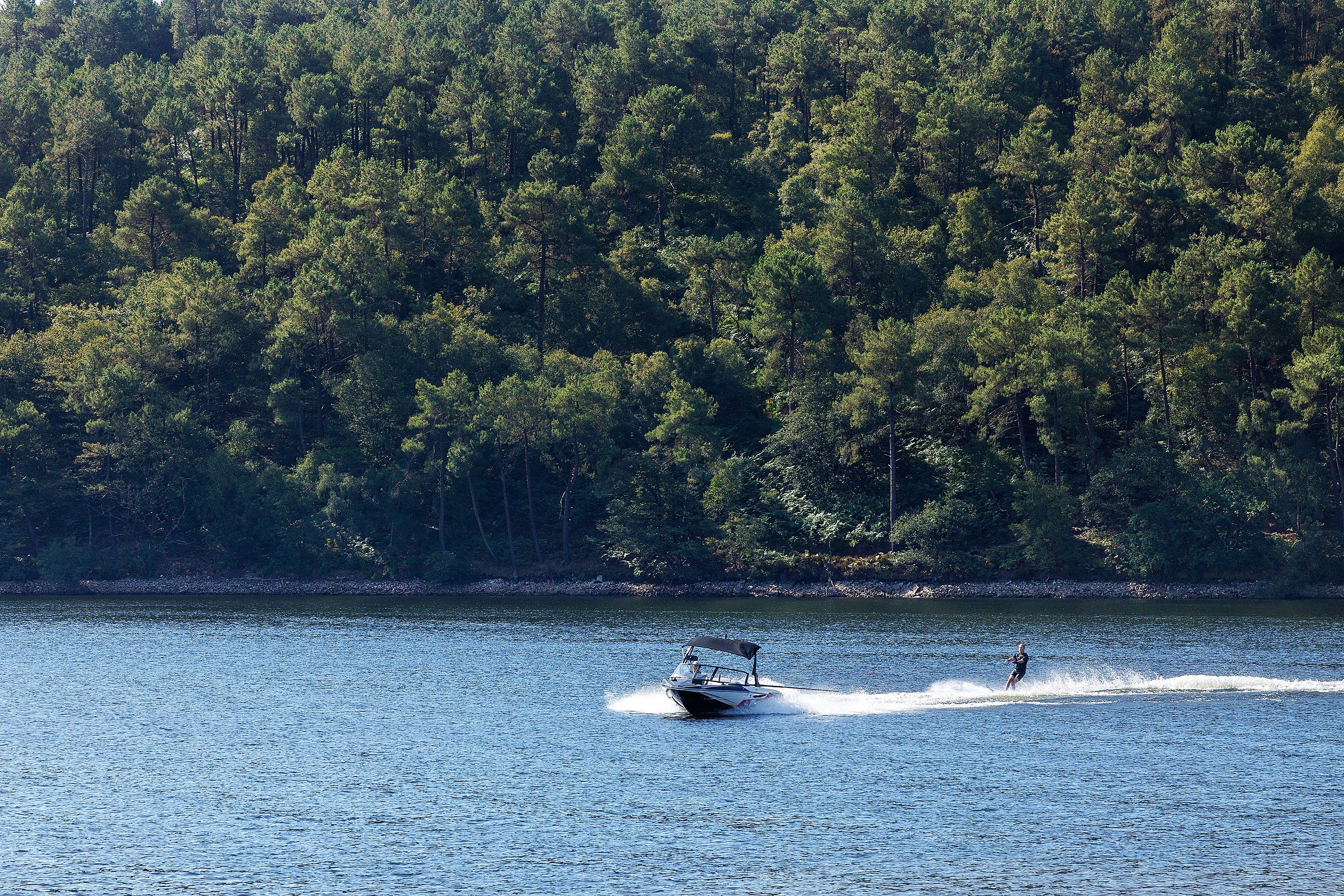 Un bateau sur un lac paisible, bordé d’une rive boisée.