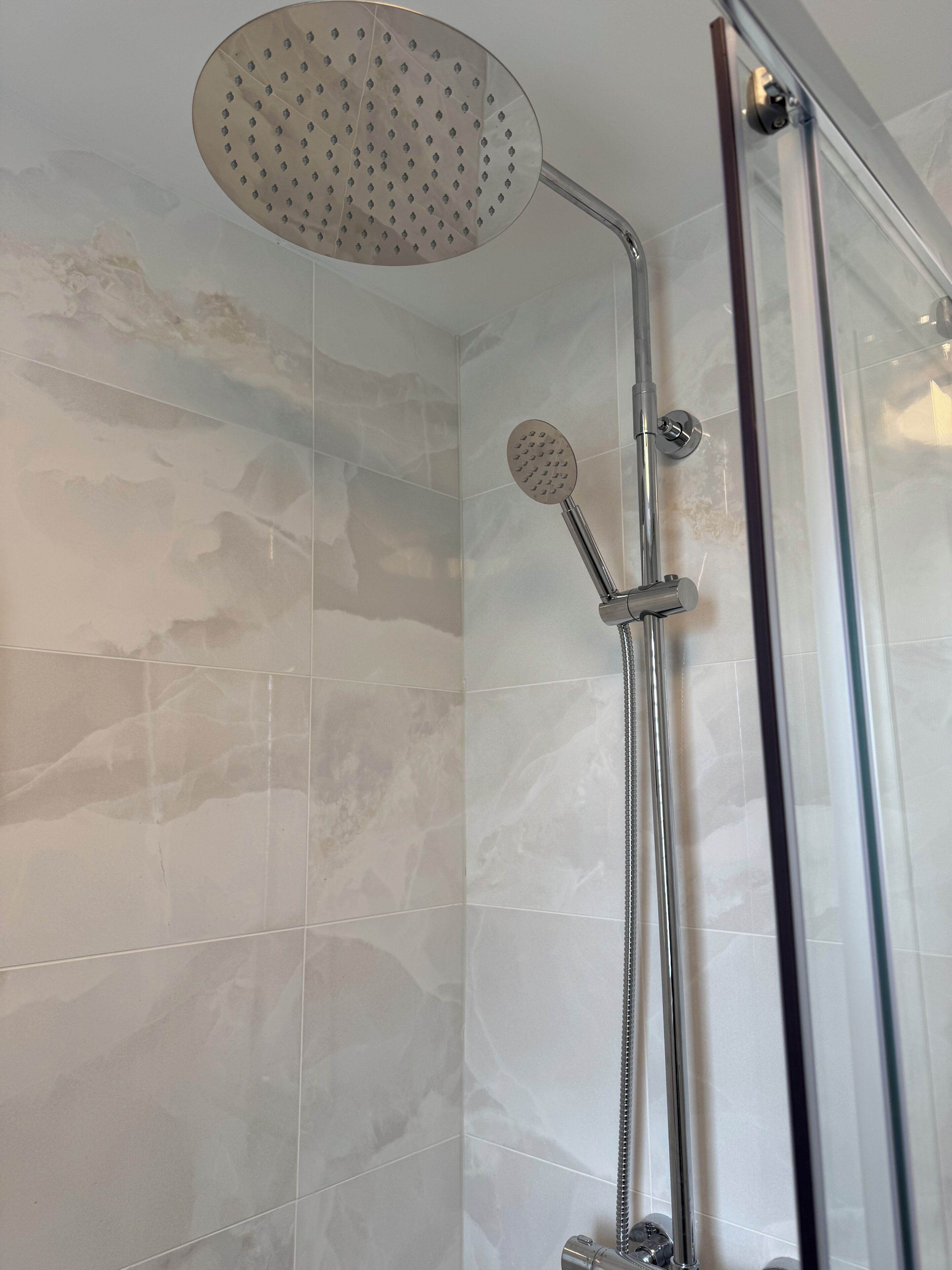 Shower, hair dryer, soap
