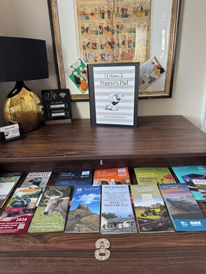 A display of travel brochures and a framed comic strip titled 'Welcome to Popeye's Pad' with guest information.