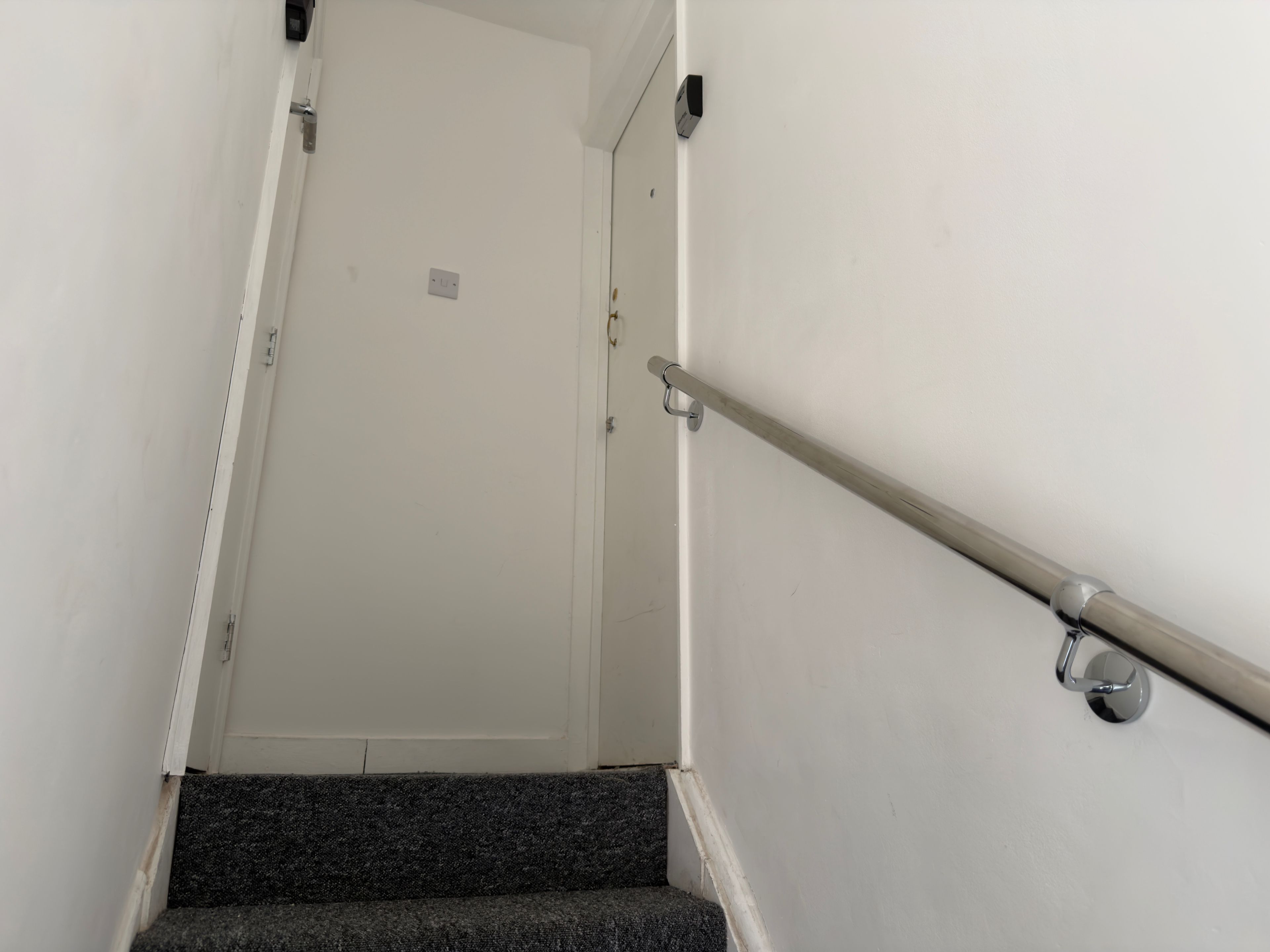 A staircase with a handrail, carpeted steps, and a white door at the top.