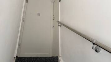 A staircase with a handrail, carpeted steps, and a white door at the top.