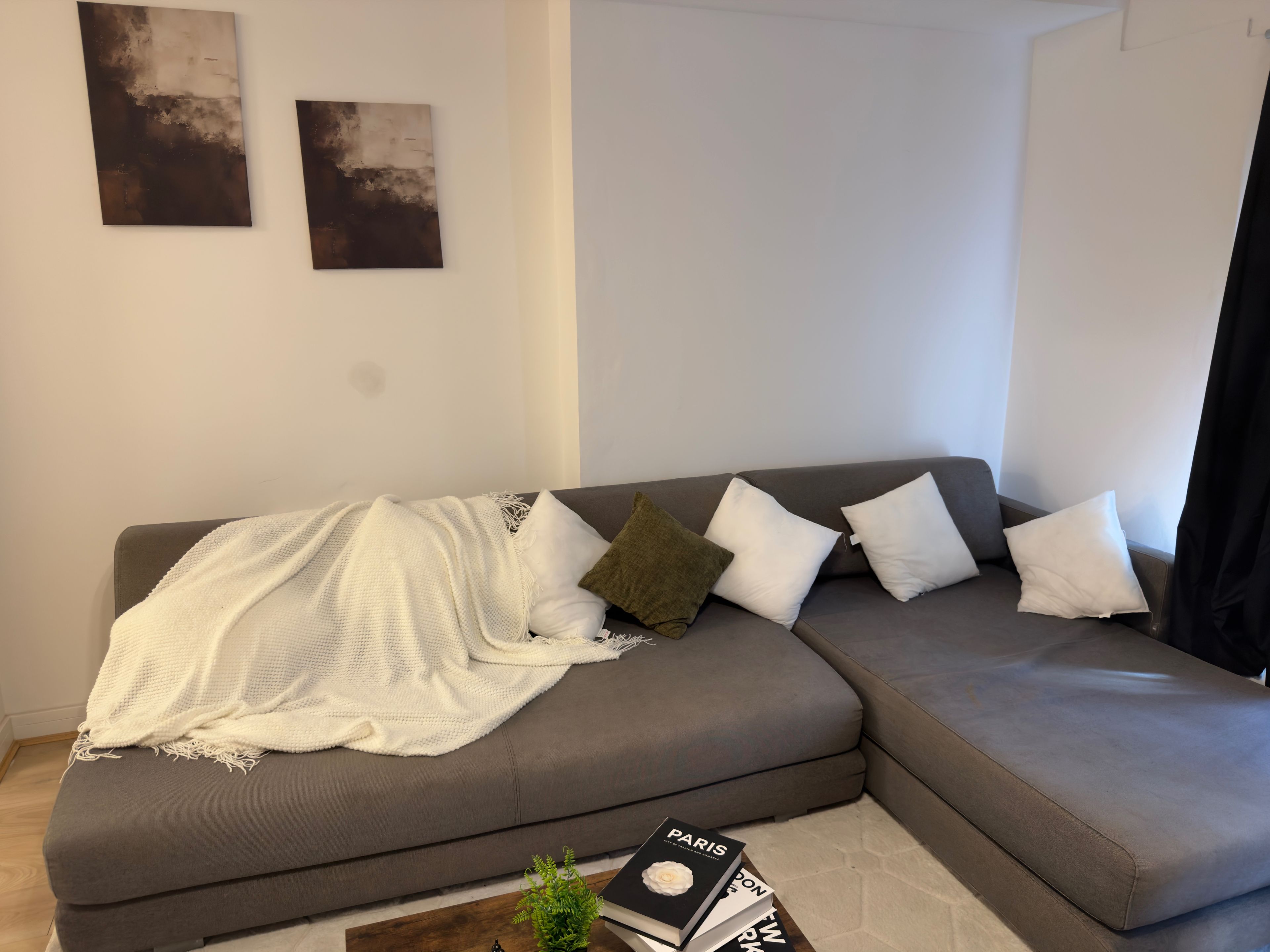 A modern living room with a grey sofa, a white knitted throw, and a small coffee table with books and a plant.