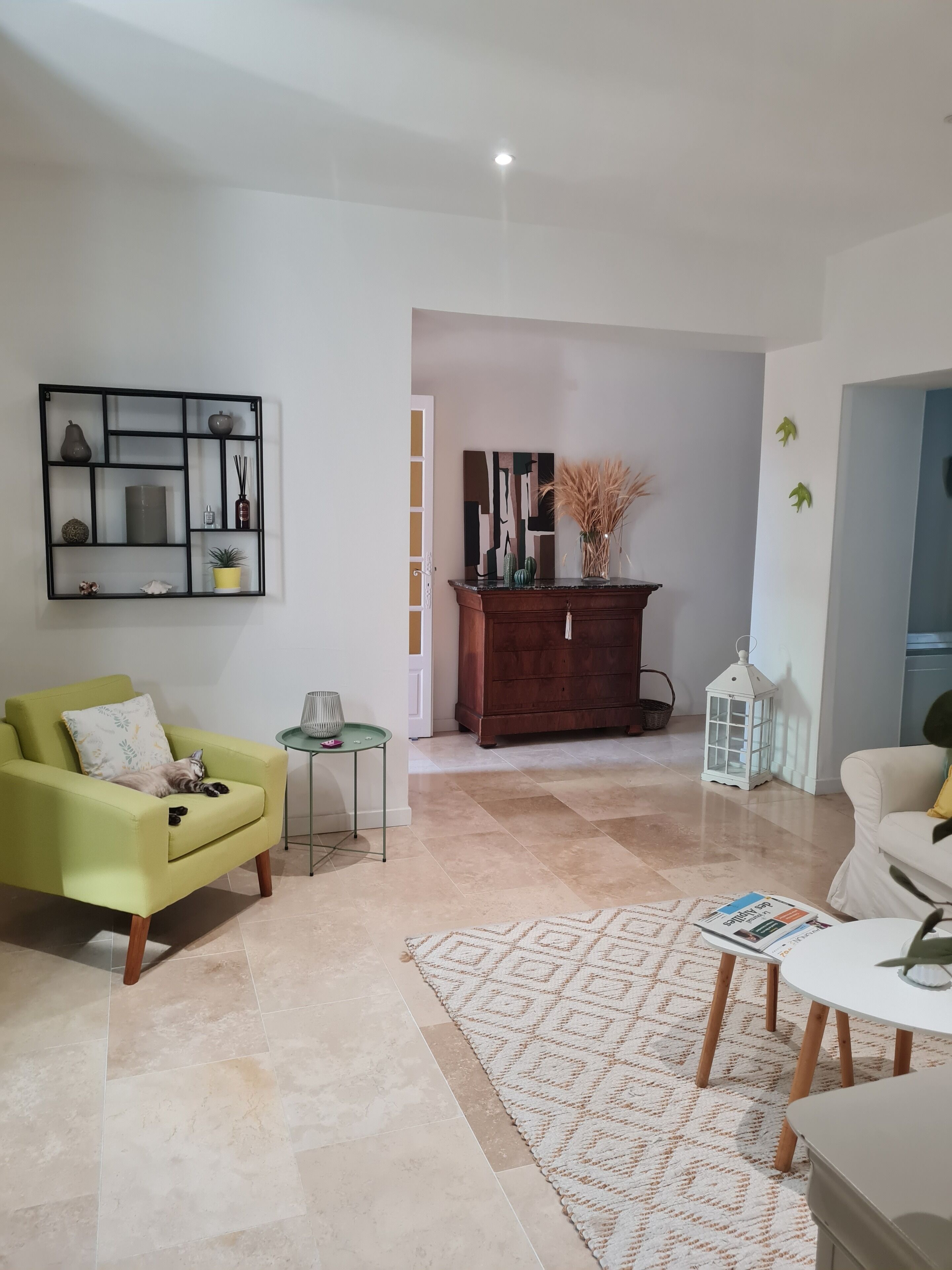 A living room with a green armchair, a white sofa, a coffee table, and a patterned rug.