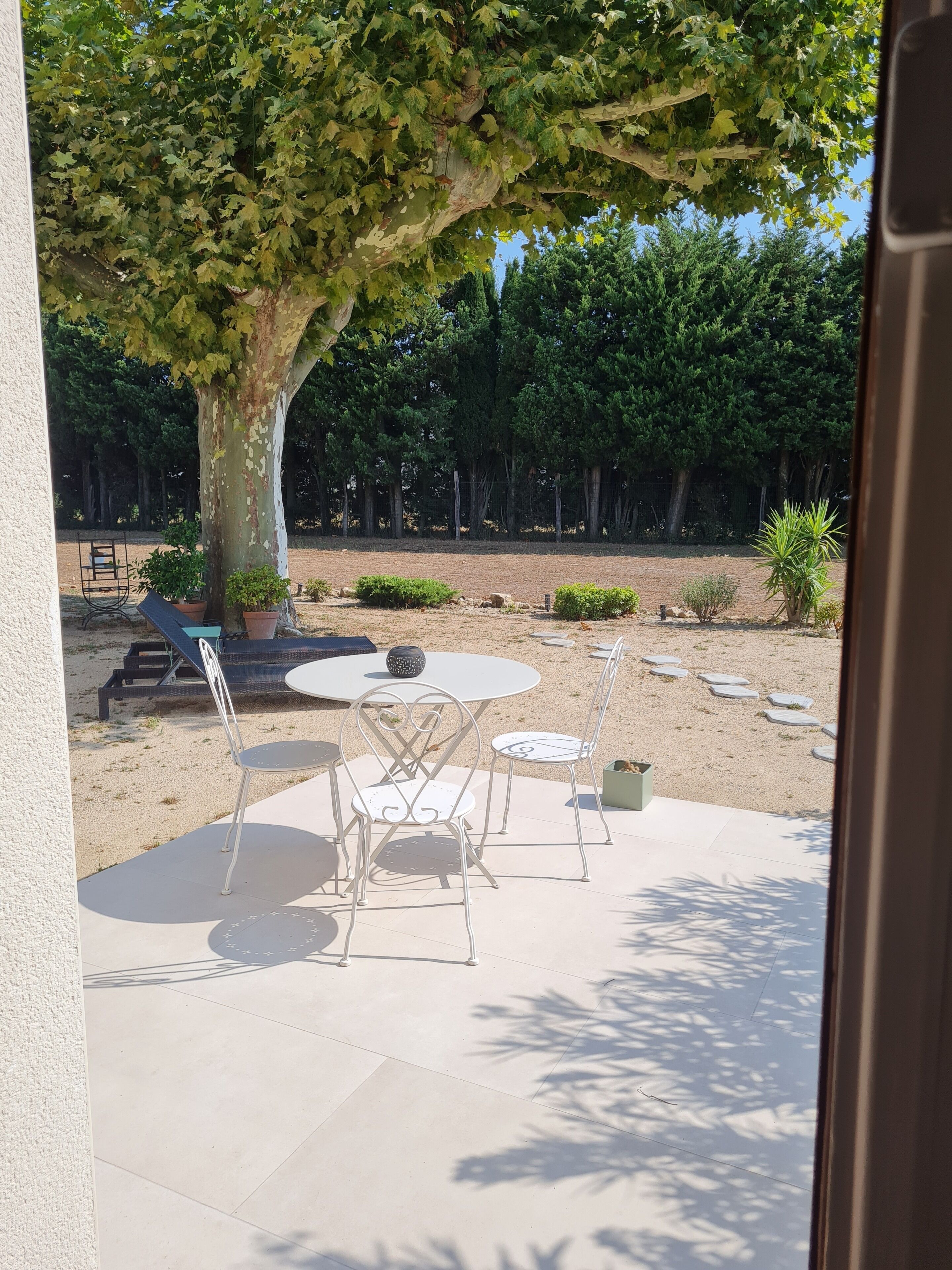 Un patio al aire libre con una mesa redonda y sillas, rodeado de plantas en macetas y un árbol grande.