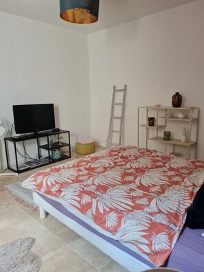 A bedroom with a bed, a TV on a stand, a ladder, a shelf with decorative items, and a fan. - Chic et Nature (Avignon)