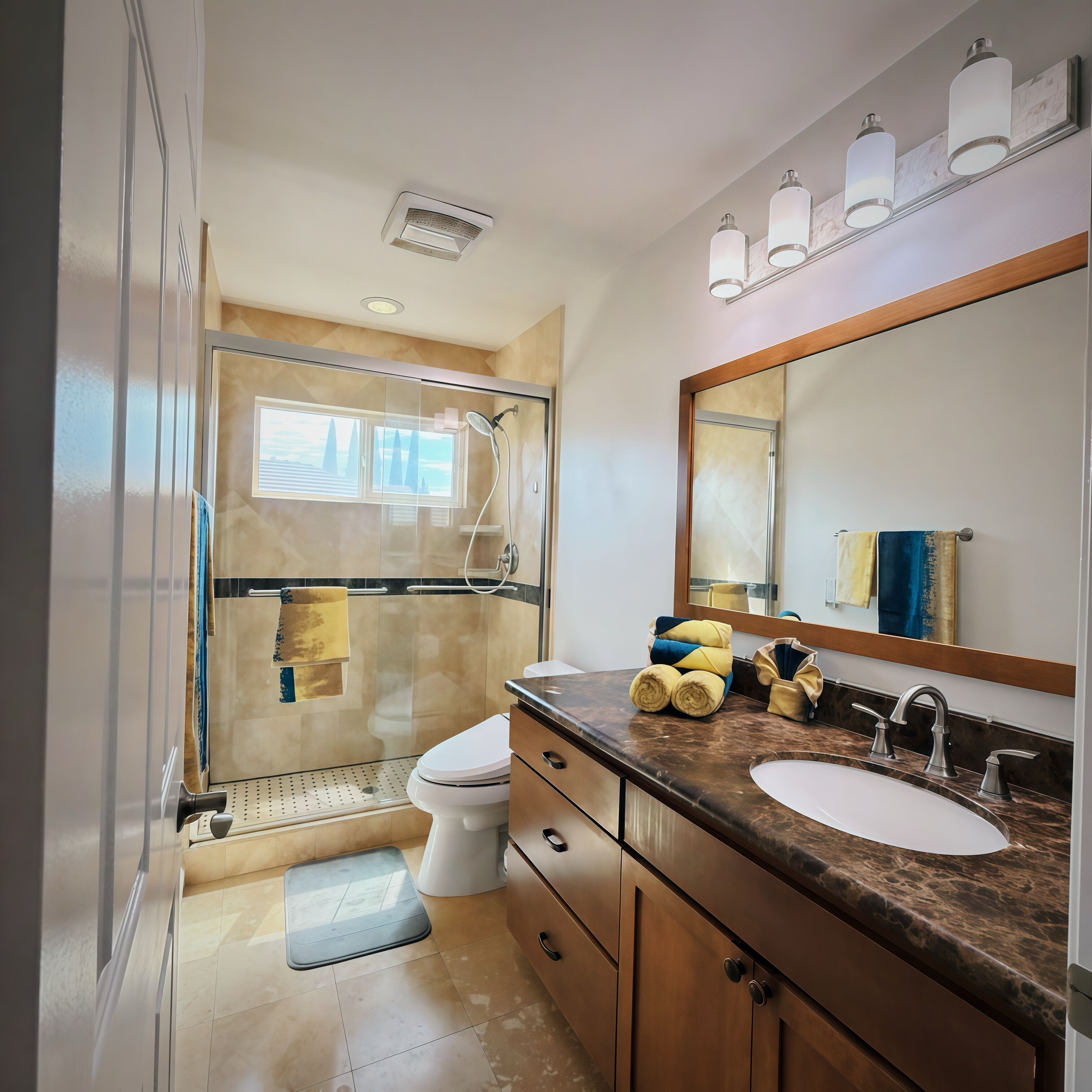 Shower, hair dryer, towels, toilet paper