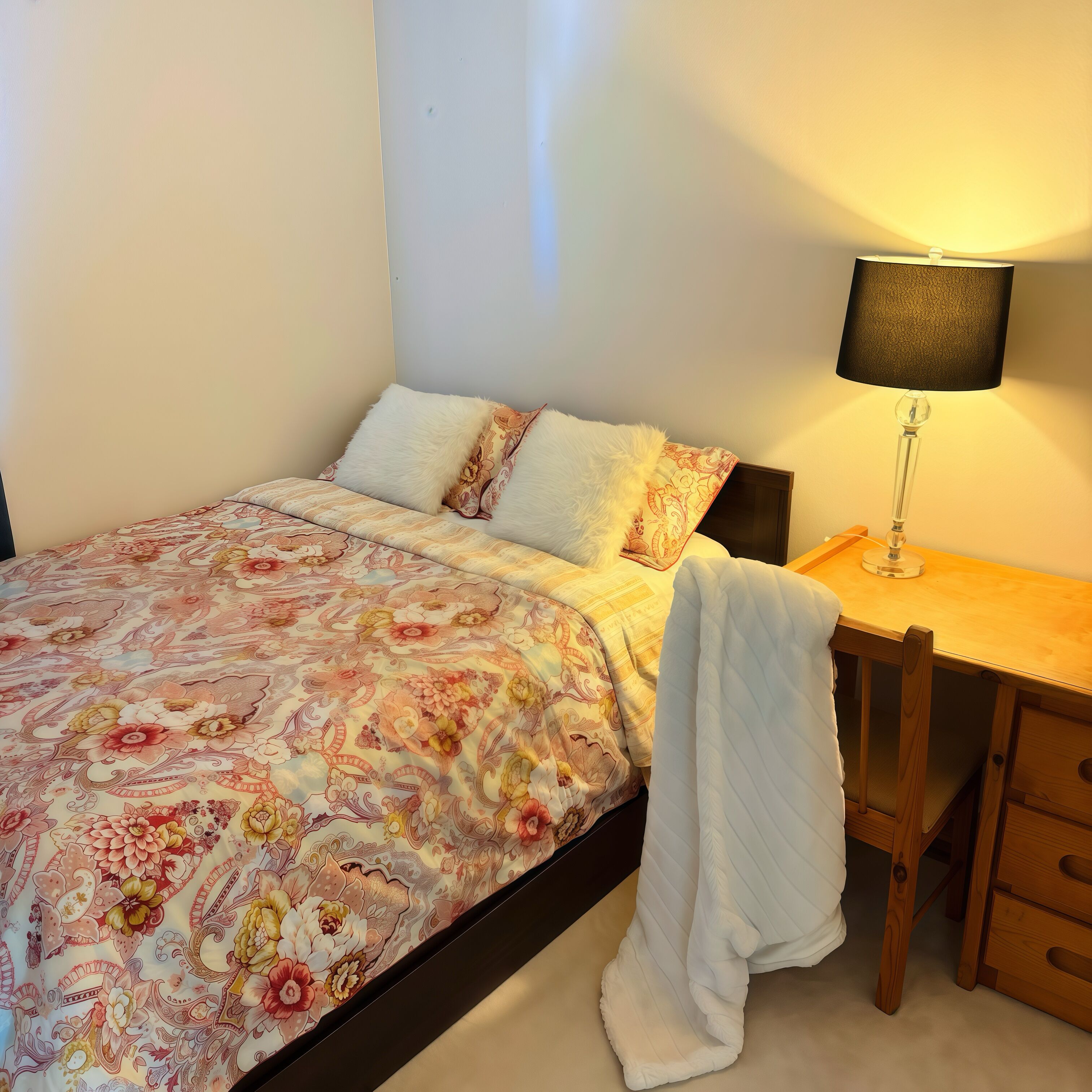 Ein Bett mit floralem Überwurf, einer weißen Tagesdecke und einem Nachttisch mit Lampe.