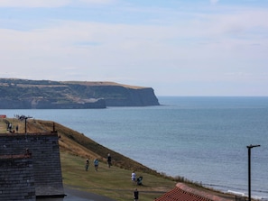 A coastal landscape with a grassy area, a cliff, and a body of water. - 26 Metropole Towers (Whitby)