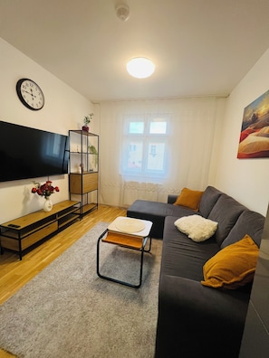 En stue med et fladskærms-TV, en sofa, et sofabord, en reol og et vindue med gardiner.