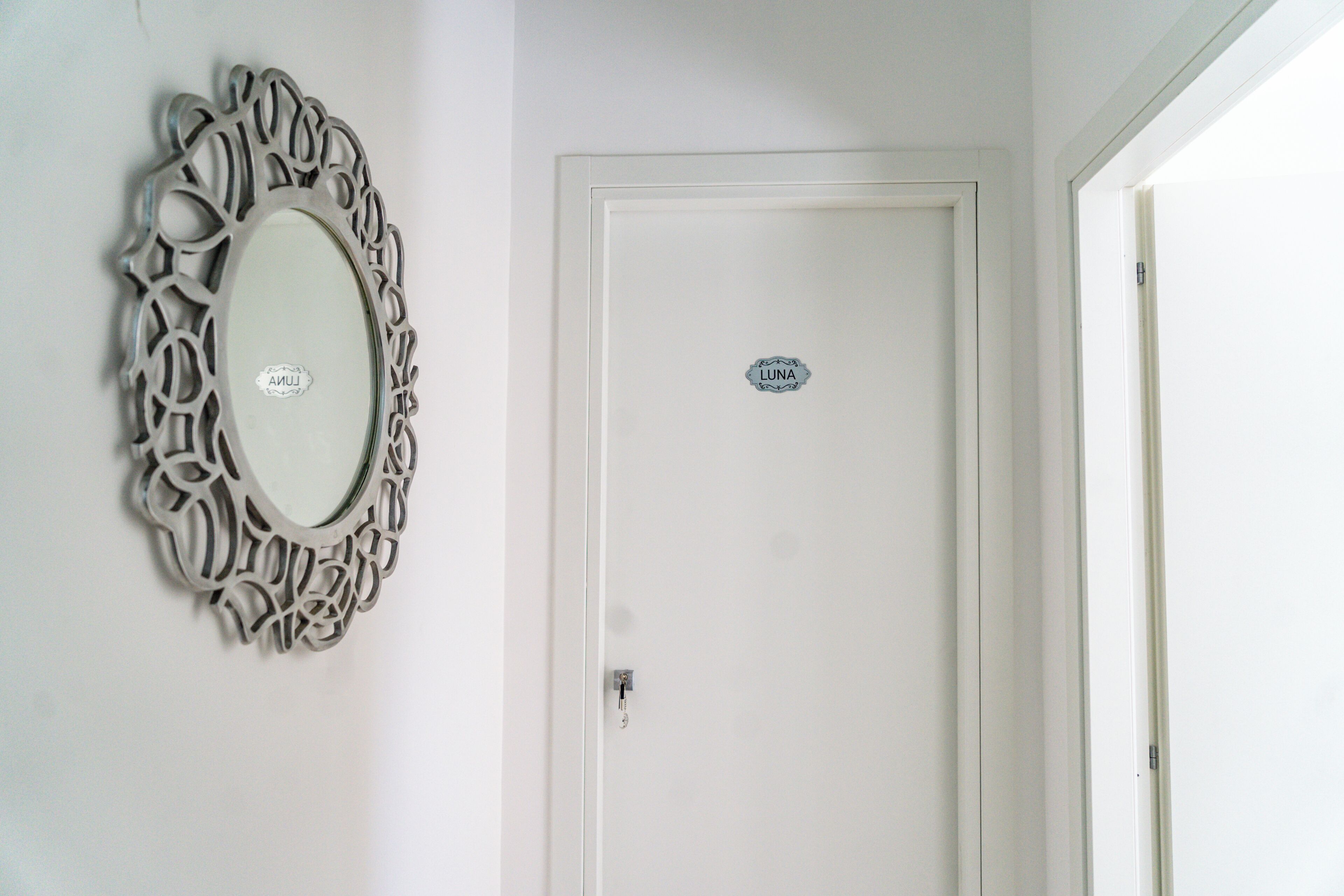 A white door with a keyhole and a nameplate reading 'LUNA'.