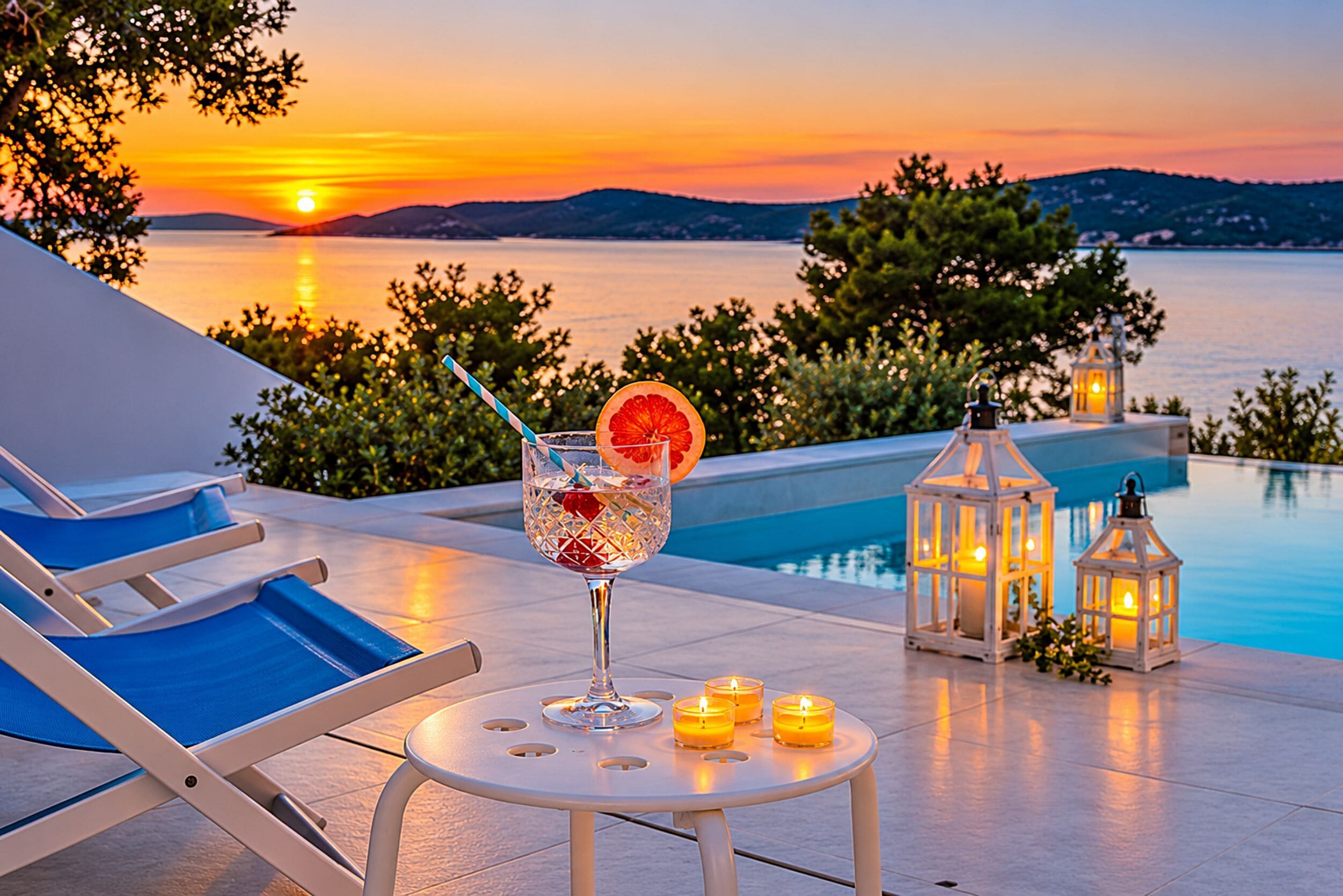 A sunset view with a poolside table, lounge chairs, and candles.