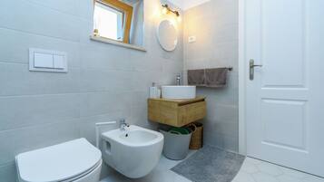 Une salle de bain moderne équipée de toilettes, d’un bidet, d’un lavabo et d’un miroir.