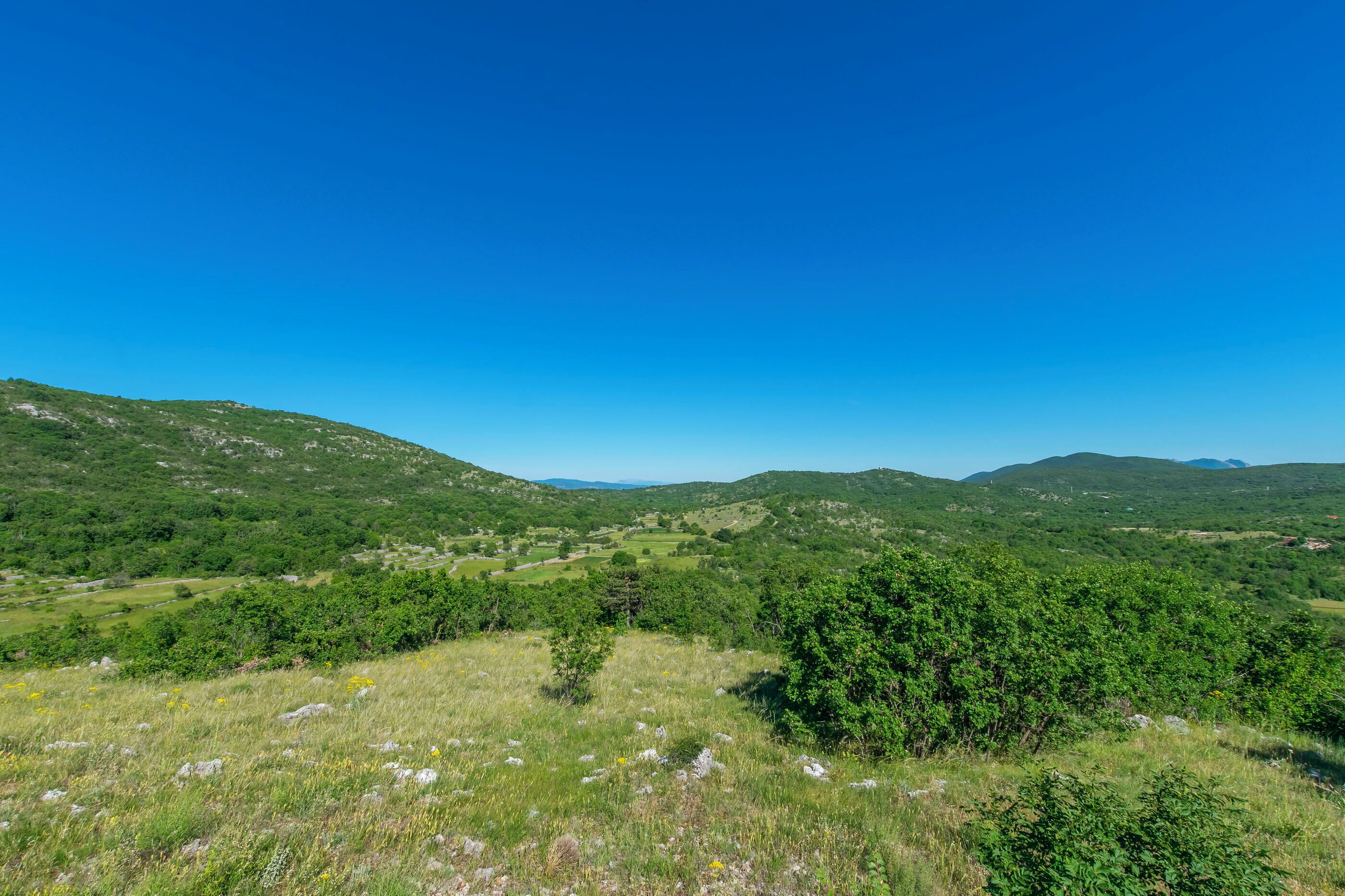 Vista panorámica de un paisaje montañoso con vegetación verde y cielo azul despejado.
