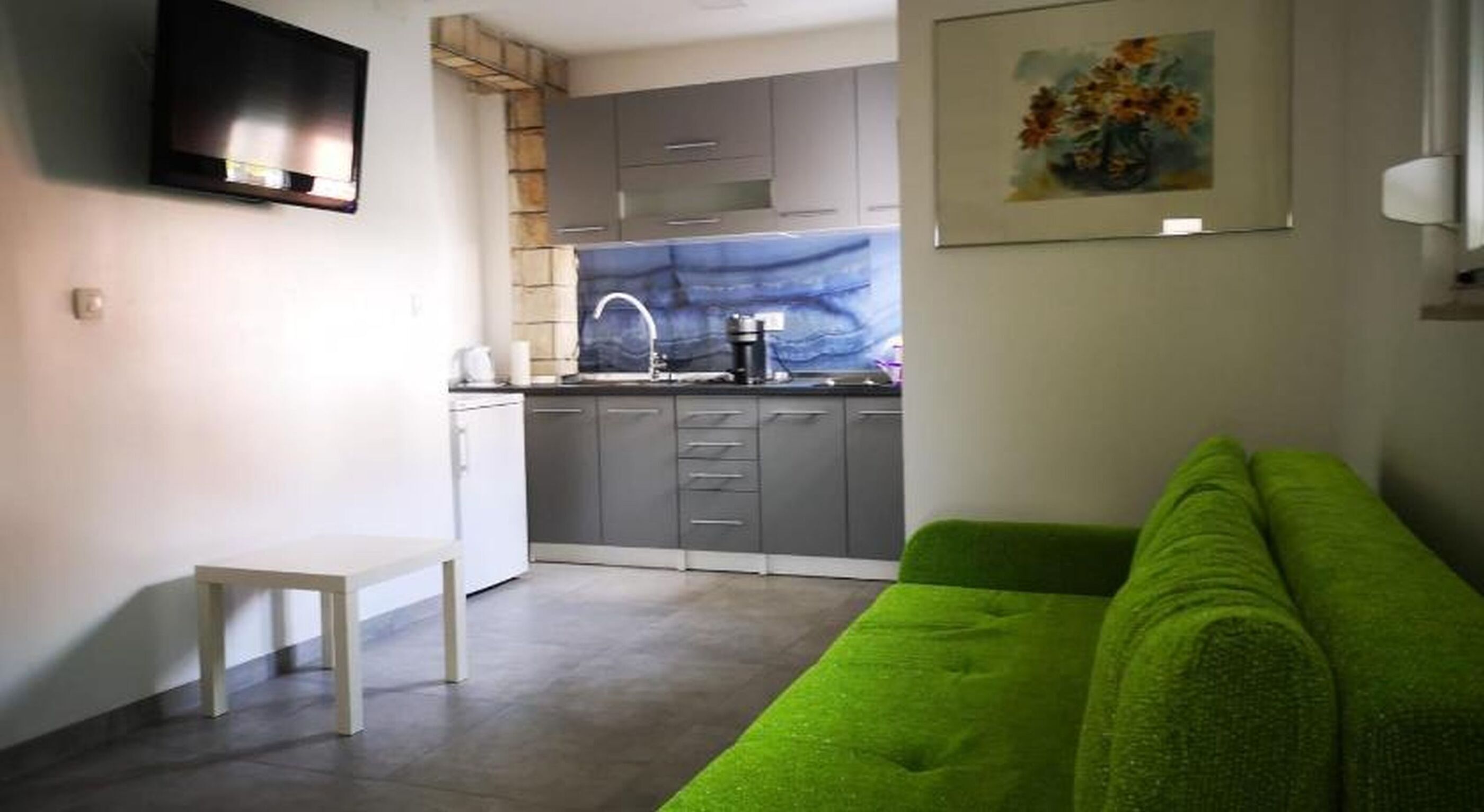 A compact living space with a kitchenette, a green sofa, a small white table, and a TV mounted on the wall.