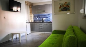 A compact living space with a kitchenette, a green sofa, a small white table, and a TV mounted on the wall. - Apartments Casa Zanoff (Umag)