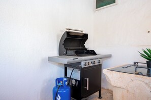 Ein Grill mit Gasflasche, eine Steinarbeitsplatte und ein Blumentopf.
