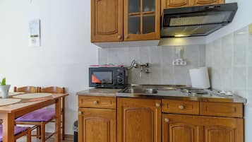 Cozinha com armários de madeira, micro-ondas, pia e fogão.