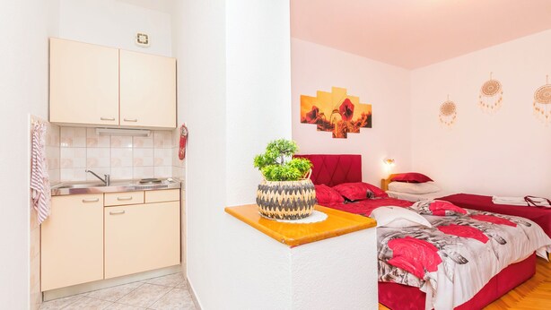 A compact room with a kitchenette, a bed with red bedding, a potted plant, and a wall-mounted light fixture. - Apartments Branko (Dugi Rat)