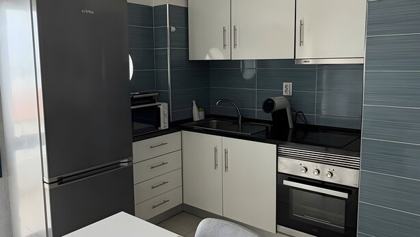 Een moderne keuken met een koelkast, fornuis, spoelbak en kastjes.