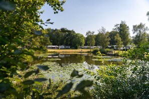 Vista de un lago con una hilera de cabañas, un muelle y vegetación circundante.