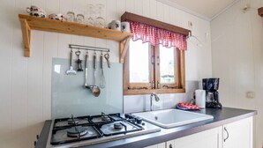 A kitchen with a gas stove, a sink, and a window with a red and white checkered valance. - Verblijf in een unieke Pipowagen | De Otterberg (Wijster)