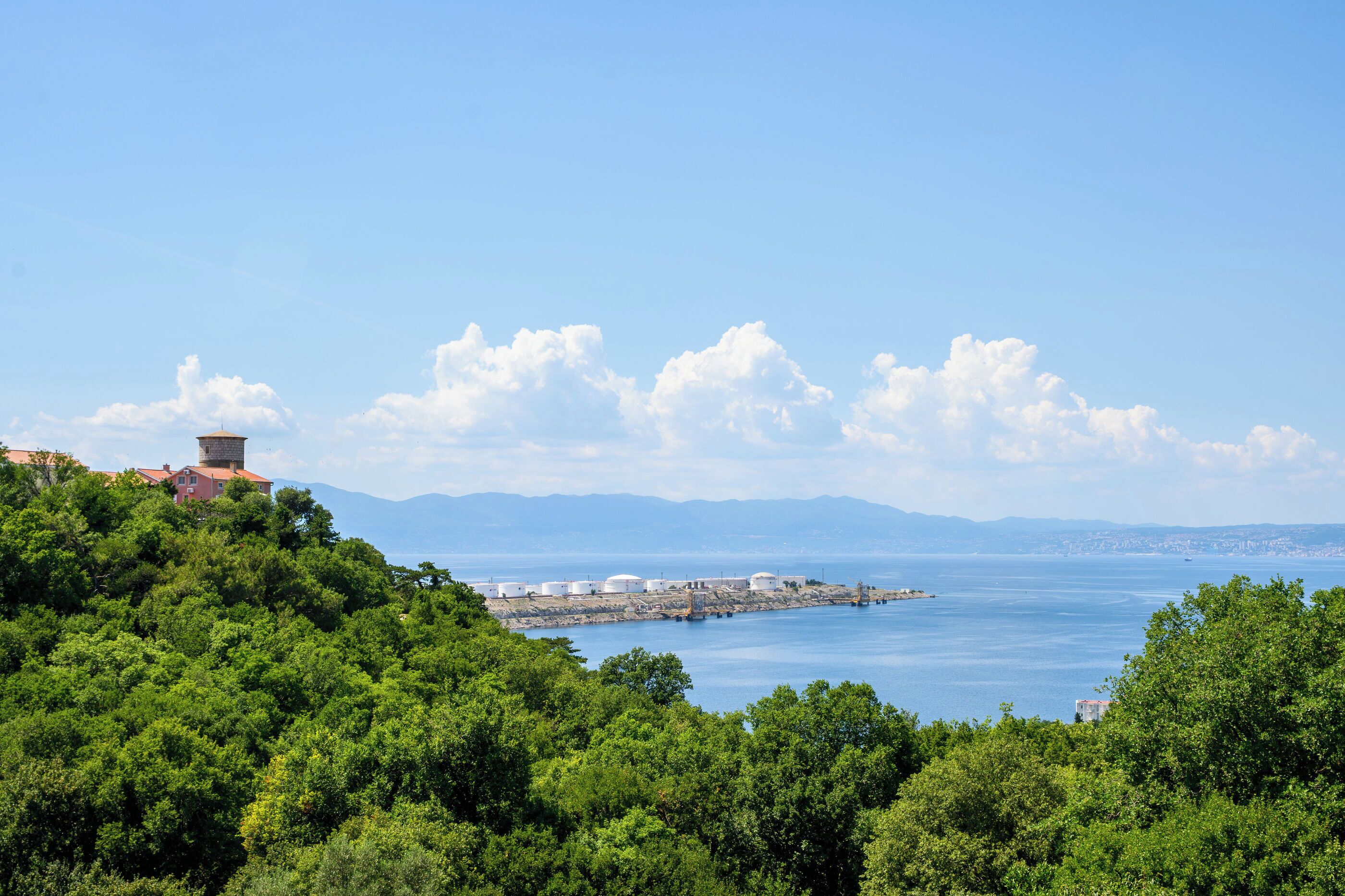 Un paisaje costero con una vista despejada del mar, un horizonte urbano distante y una colina con follaje verde y tupido.