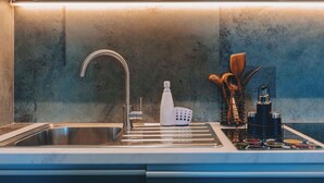 A kitchen with a stainless steel sink, a white soap dispenser, and a spice rack with wooden utensils. - Apartments Menigo Manzoni (Punat)