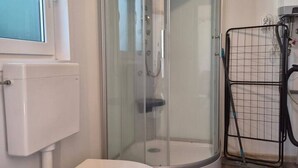 A bathroom with a glass-enclosed shower, a toilet, and a window. - Cube chalet voor 4 personen | De Otterberg (Wijster)