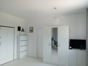 Una habitación con armario, televisor y puerta.